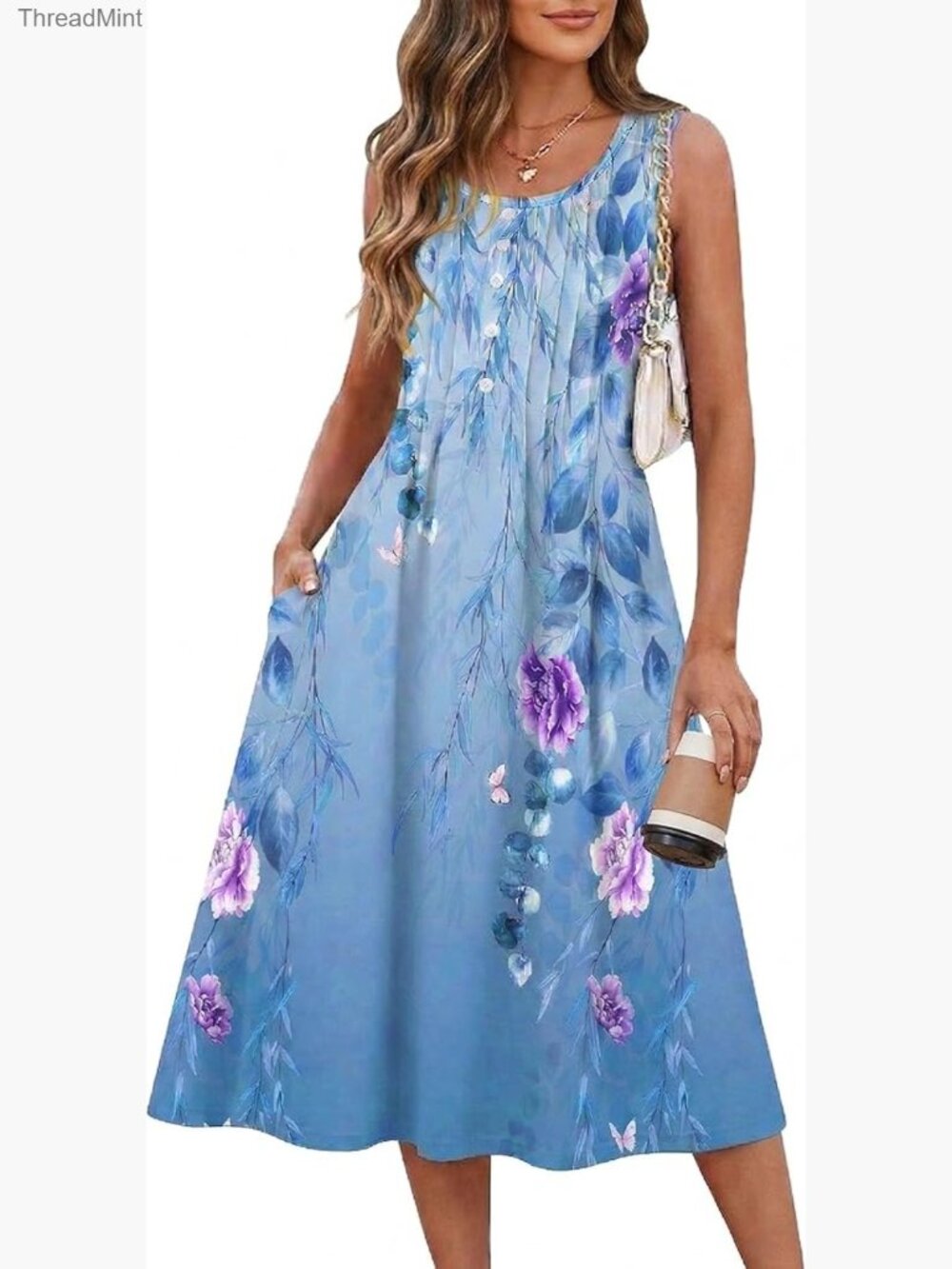 Flowy A-Line Midi Tank Dress with Pockets, Casual Summer Boho Sundress